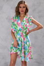 Summer New Plus Size Flower & Leaf Batch Printing Inelastic Ruffle V-Neck Sleeveless Casual Mini Dress