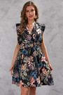 Summer New Plus Size Flower & Leaf Batch Printing Inelastic Ruffle V-Neck Sleeveless Stylish Casual Mini Dress