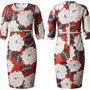 Summer New Plus Size Flower & Leaf Batch Printing Stretch Back Zip-Up Split Casual Midi Dress(With Belt)