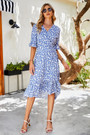 Summer New Plus Size Inelastic Floral Batch Printing V-Neck Elbow Sleeves Ruffle Lace-Up Split Casual Midi Dress