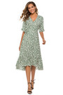 Summer New Plus Size Inelastic Floral Batch Printing V-Neck Elbow Sleeves Ruffle Lace-Up Split Casual Midi Dress