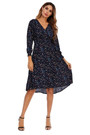 Summer New Plus Size Inelastic Floral Batch Printing V-Neck Long Sleeves Stylish Casual Midi Dress