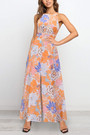Summer New Plus Size Inelastic Flower Batch Printing Halter Neck Backless Lace-Up Split Stylish Sexy Maxi Dress