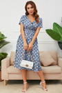 Summer New Plus Size Inelastic Flower Batch Printing V-Neck Short Sleeves Casual Midi Dress