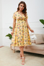 Summer New Plus Size Inelastic Flower & Leaf Batch Printing V-Neck Short Sleeves Casual Midi Dress