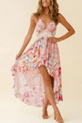 Summer New Plus Size Inelastic Lace Flower Batch Printing Deep V Neck Backless Lace-Up Irregular Sling Sexy Maxi Dress