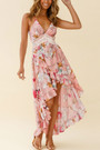 Summer New Plus Size Inelastic Lace Flower Batch Printing Deep V Neck Backless Lace-Up Irregular Sling Sexy Maxi Dress