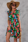 Summer New Plus Size Inelastic Leaf & Flower Batch Printing Ruffle V-Neck Sleeveless Casual Mini Dress Floral Dresses