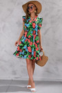 Summer New Plus Size Inelastic Leaf & Flower Batch Printing Ruffle V-Neck Sleeveless Casual Mini Dress Floral Dresses