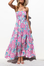 Summer New Plus Size Stretch Flower Batch Printing Tube Top Backless Casual Maxi Dress(With Belt)