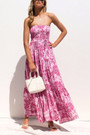 Summer New Plus Size Stretch Flower Batch Printing Tube Top Backless Casual Maxi Dress(With Belt)
