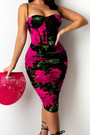 Summer New Plus Size Two Colors Flower Batch Printing See Through Mesh Stretch Adjustable Straps Ruched Sexy Bodycon Midi Dress (Without Lining)