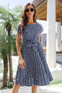 Summer New Stylish 3 Colors Floral Batch Printing Inelastic Short Sleeves Pleated Casual Midi Dress With Belt