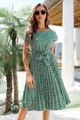 Summer New Stylish 3 Colors Floral Batch Printing Inelastic Short Sleeves Pleated Casual Midi Dress With Belt
