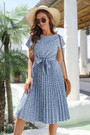 Summer New Stylish 3 Colors Floral Batch Printing Inelastic Short Sleeves Pleated Casual Midi Dress With Belt