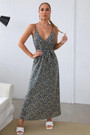 Summer New Stylish 3 Colors Floral Batch Printing Inelastic Split Backless Casual Maxi Dress With Belt