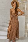 Summer New Stylish 3 Colors Floral Batch Printing Inelastic Split Backless Casual Maxi Dress With Belt