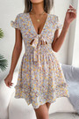 Summer New Stylish 3 Colors Floral Batch Printing Stretch Hollow Lace-Up Low-Cut V-Neck Sexy Mini Dress