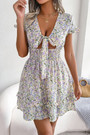 Summer New Stylish 3 Colors Floral Batch Printing Stretch Hollow Lace-Up Low-Cut V-Neck Sexy Mini Dress