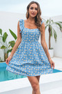 Summer New Stylish 3 Colors Flower Batch Printing Inelastic Ruffle Backless Lace-Up Hollow Sexy Mini Dress