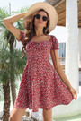 Summer New Stylish 3 Colors Inelastic Floral Batch Printing Drawstring Ruffle Casual Mini Dress