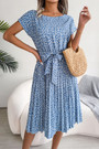Summer New Stylish 3 Colors Inelastic Floral Batch Printing Short Sleeves With Belt Pleated Casual Midi Dress