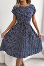 Summer New Stylish 3 Colors Inelastic Floral Batch Printing Short Sleeves With Belt Pleated Casual Midi Dress