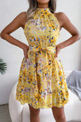 Summer New Stylish 3 Colors Inelastic Floral Batch Printing Sleeveless Hollow Button With Belt Casual Mini Dress