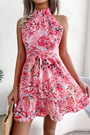 Summer New Stylish 3 Colors Inelastic Floral Batch Printing Sleeveless Hollow Button With Belt Casual Mini Dress