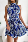 Summer New Stylish 3 Colors Inelastic Floral Batch Printing Sleeveless Hollow Button With Belt Casual Mini Dress