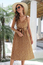 Summer New Stylish 3 Colors Inelastic Floral Batch Printing Sling Casual Midi Dress With Belt