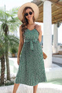 Summer New Stylish 3 Colors Inelastic Floral Batch Printing Sling Casual Midi Dress With Belt