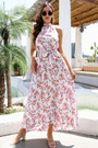 Summer New Stylish 3 Colors Inelastic Flower Batch Printing Halter-Neck Lace-Up Backless Casual Maxi Dress With Belt
