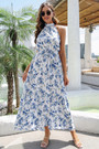 Summer New Stylish 3 Colors Inelastic Flower Batch Printing Halter-Neck Lace-Up Backless Casual Maxi Dress With Belt