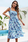 Summer New Stylish 3 Colors Inelastic Flower Batch Printing Lace-Up Sling Casual Midi Dress