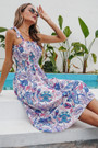 Summer New Stylish 3 Colors Inelastic Flower Batch Printing Lace-Up Sling Casual Midi Dress