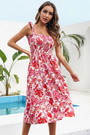 Summer New Stylish 3 Colors Inelastic Flower Batch Printing Lace-Up Sling Casual Midi Dress