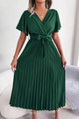 Summer New Stylish 3 Colors Solid Color Inelastic V-Neck With Belt Pleated Casual Maxi Dress