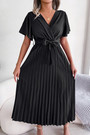 Summer New Stylish 3 Colors Solid Color Inelastic V-Neck With Belt Pleated Casual Maxi Dress