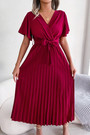 Summer New Stylish 3 Colors Solid Color Inelastic V-Neck With Belt Pleated Casual Maxi Dress