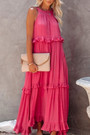 Summer New Stylish 3 Colors Solid Color Micro Elastic Sleeveless Lace-Up Ruffle Loose Casual Maxi Dress
