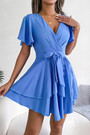 Summer New Stylish 3 Colors Solid Color Micro Elastic V-Neck Ruffle With Belt Irregular Casual Mini Dress
