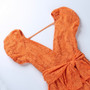 Summer New Stylish Backless V-Neck Puffed Sleeve Solid Lace Stretch Sexy Ruffled Maxi Dress With Belt (With Lining)
