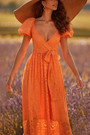 Summer New Stylish Backless V-Neck Puffed Sleeve Solid Lace Stretch Sexy Ruffled Maxi Dress With Belt (With Lining)