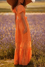Summer New Stylish Backless V-Neck Puffed Sleeve Solid Lace Stretch Sexy Ruffled Maxi Dress With Belt (With Lining)