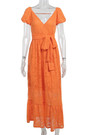 Summer New Stylish Backless V-Neck Puffed Sleeve Solid Lace Stretch Sexy Ruffled Maxi Dress With Belt (With Lining)