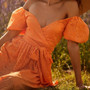 Summer New Stylish Backless V-Neck Puffed Sleeve Solid Lace Stretch Sexy Ruffled Maxi Dress With Belt (With Lining)
