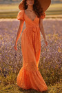 Summer New Stylish Backless V-Neck Puffed Sleeve Solid Lace Stretch Sexy Ruffled Maxi Dress With Belt (With Lining)