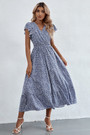 Summer New Stylish Batch Printing Inelastic Loose V-Neck Ruffled Casual Midi Dress