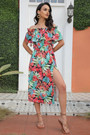 Summer New Stylish Batch Printing Inelastic Off-The-Shoulder Ruffle High Split Casual Midi Dress